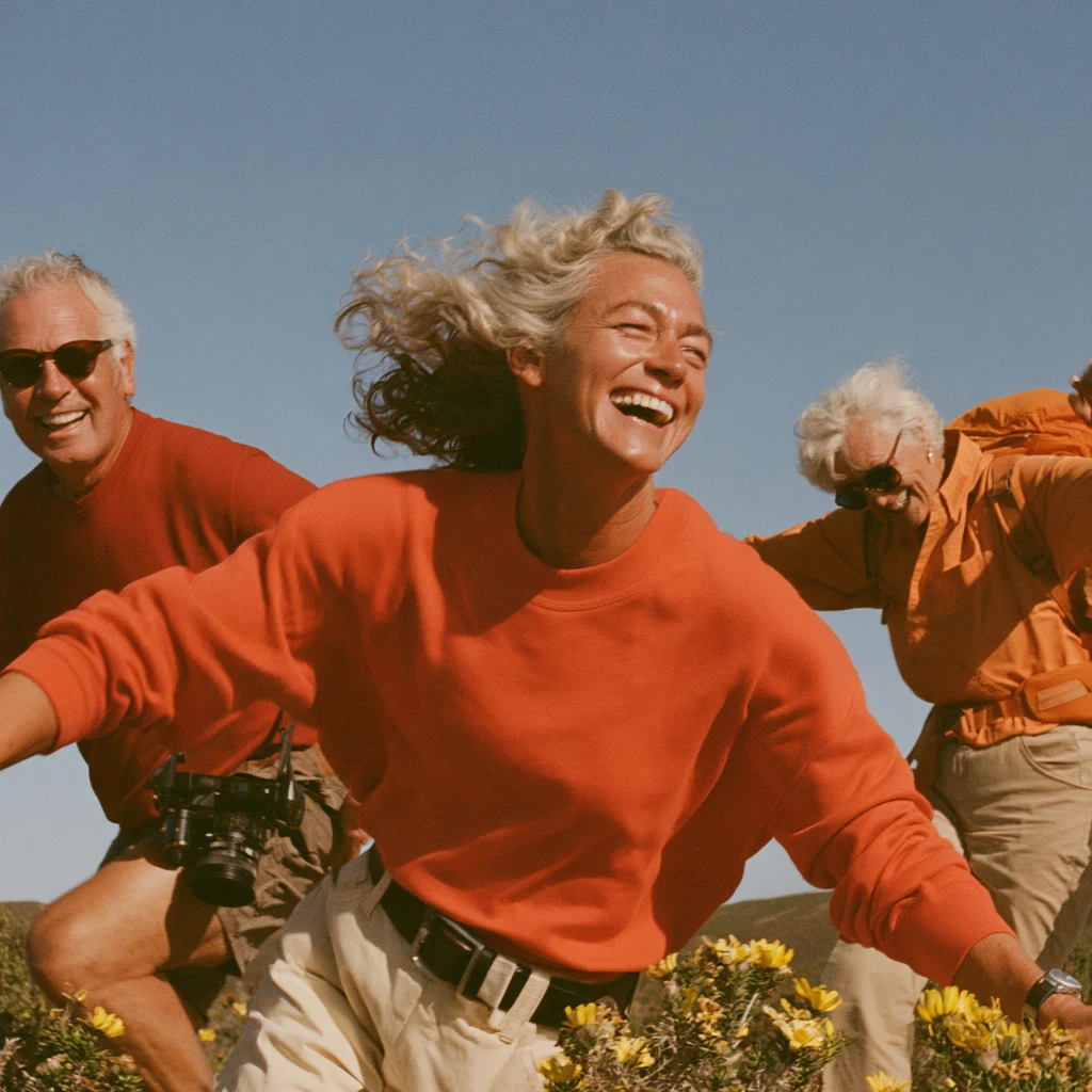 Three people laughing together outdoors on a walk