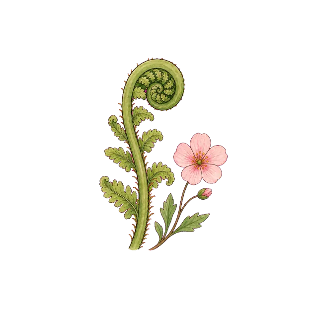 A young fern frond unfurling beside a pink wildflower