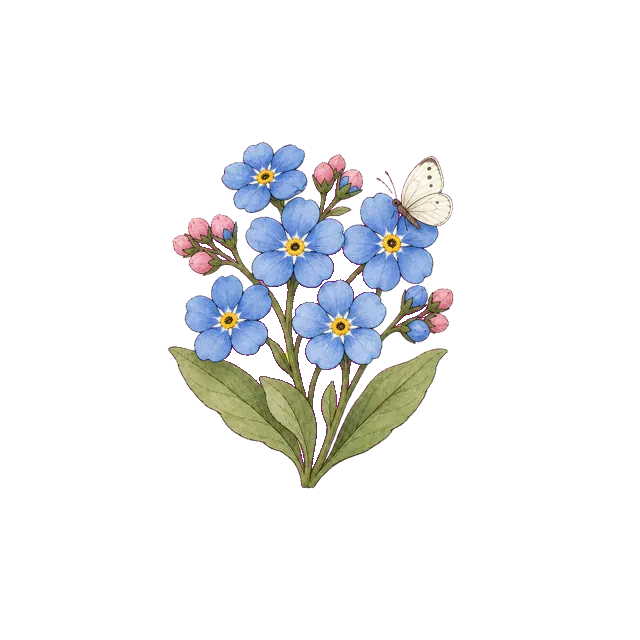 A cluster of blue forget-me-nots with a white butterfly