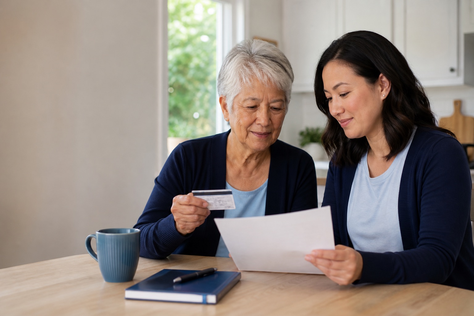 An older adult and her daughter reviewing an insurance card together at home