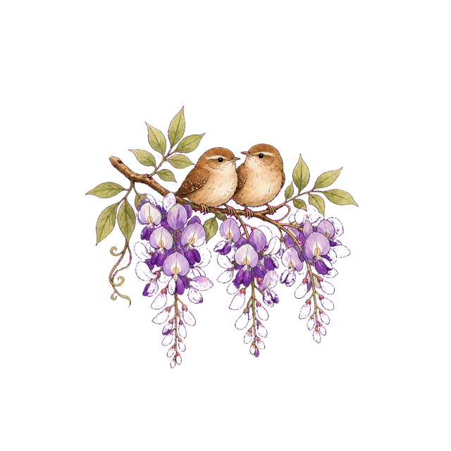 Two small wrens perched together on a wisteria branch