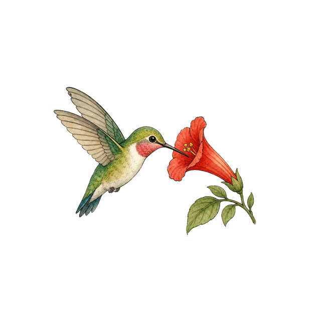 A hummingbird at a red trumpet blossom