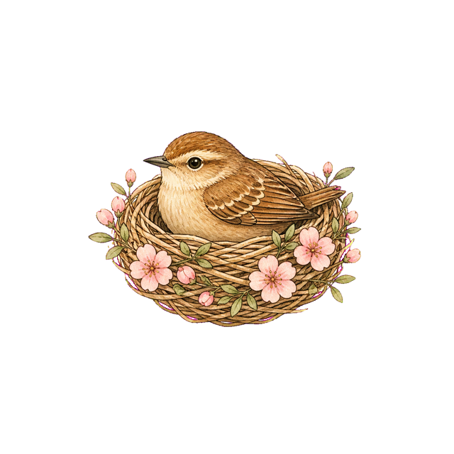 A songbird resting in a nest woven with blossoms