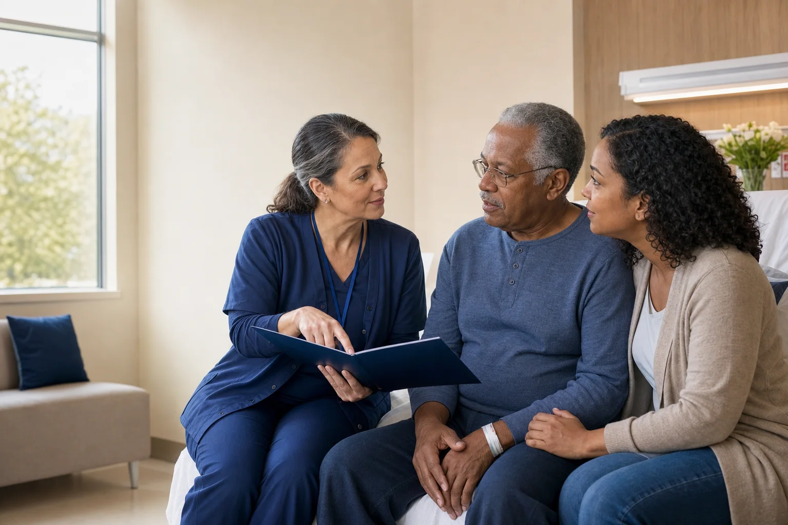 A transition-of-care nurse reviews a discharge plan with an older patient and his daughter